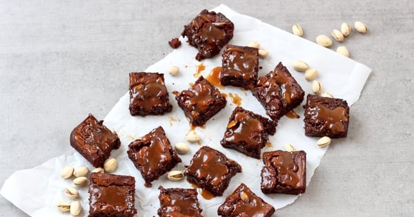 Lactose free pistachio and salted caramel brownies