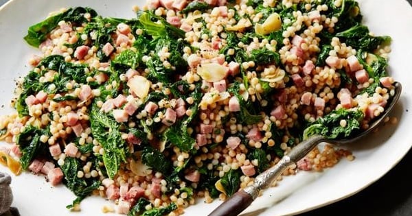 Mustard Greens and Ham with Toasted Couscous