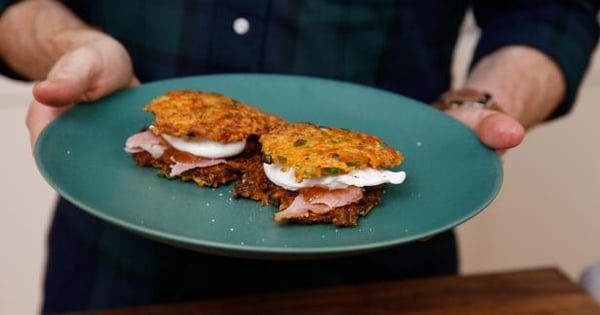 Sweet Potato-Green Onion Pancakes with Poached Eggs, Holiday Ham and Pepper Jam