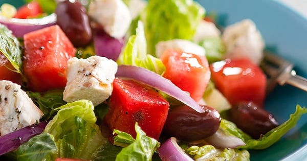 Lemon Herb Cheese Crumbled over Watermelon Salad