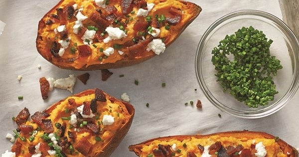 Maple Bacon and Goat Cheese Stuffed Sweet Potatoes