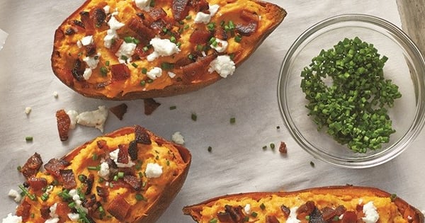 Maple Bacon and Goat Cheese Stuffed Sweet Potatoes