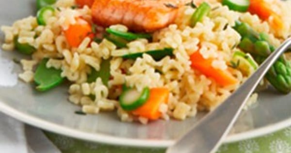 Alphabet pasta with spring vegetables and salmon