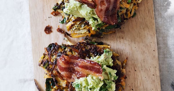 Kohlrabi and sweet potato r&ouml;sti with maple bacon and lime avocado