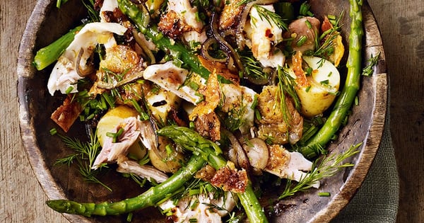 Salad of chicken, anchovies, jersey royals, asparagus, dill and chives