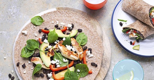 Chicken, avocado and black bean wrap