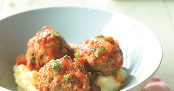 Lamb Meatballs with Fresh Mint and Cheesy Mashed Potatoes