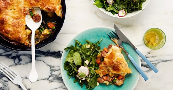 Potato, Leek, and Pea Pot Pie with Spinach-Arugula Salad