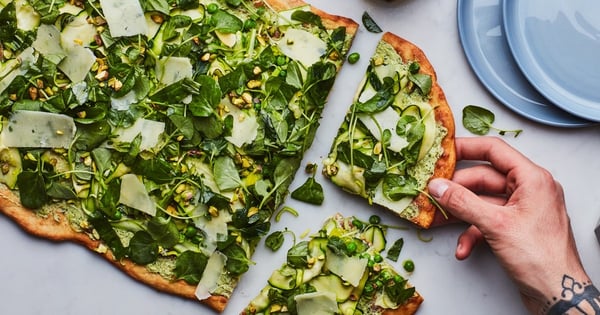 White Pizza with Shaved Vegetables and Pesto