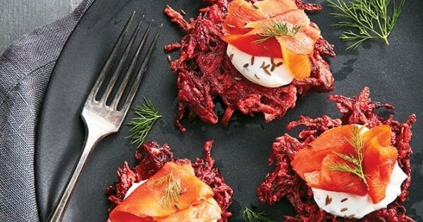 Beet latkes with smoked salmon and caraway sour cream