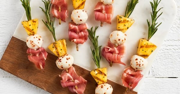 Bocconcini, Pineapple, Prosciutto and Rosemary Skewers