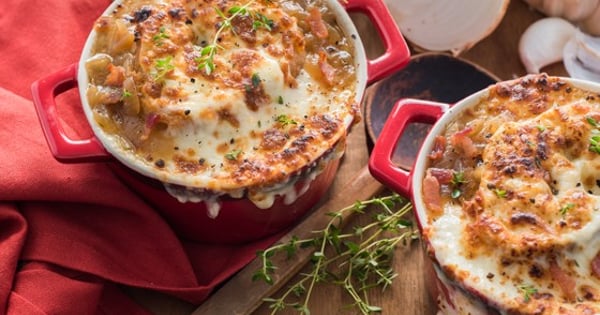 Onion and Bacon Soup with Mozzarellissima Cheese Croutons
