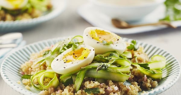 Shaved Asparagus Quinoa with Soft Boiled Eggs