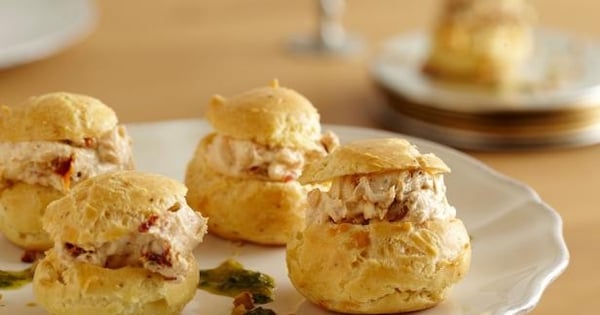 Goat Cheese and Sun Dried Tomato Profiteroles with Herb Oil