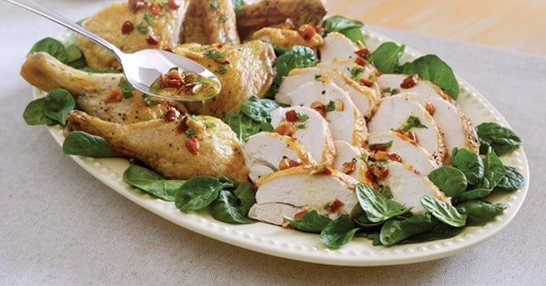 Roasted Chicken with Almond Mint Sauce Over Spinach