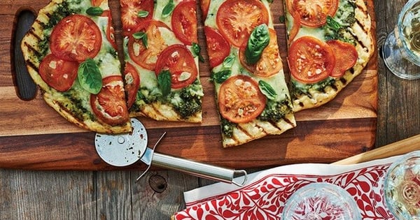 Grilled Tomato Pizza with Summer Greens Pesto