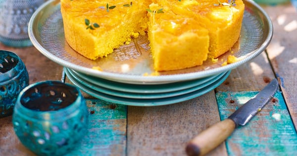 Orange, polenta and olive oil cake with mascarpone and thyme