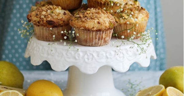 Lemon Ricotta Muffins with Pears and Pistachio Oat Streusel