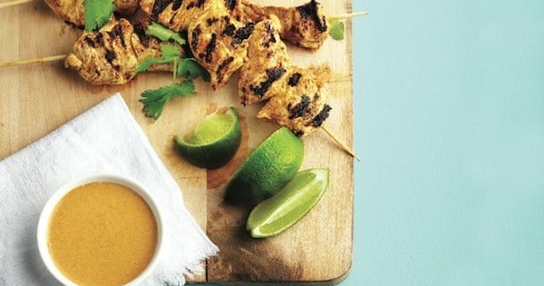 Curried coconut-chicken skewers with honey-lime coleslaw