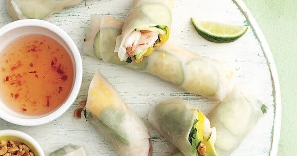 Shrimp, avocado and mango salad rolls