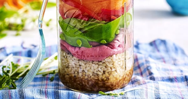 Brown rice, rare roast beef, sprout and miso salad