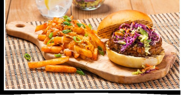 Kimchi Fries with Hoisin Glazed Burger & Slaw