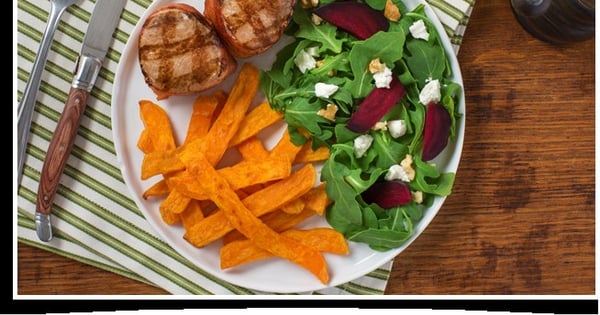 Bacon-Wrapped Pork Tenderloin Medallions with Beet & Goat Cheese Salad and Sweet Potato Plank Fries