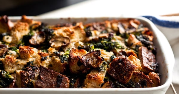 Savory Bread Pudding With Kale and Mushrooms