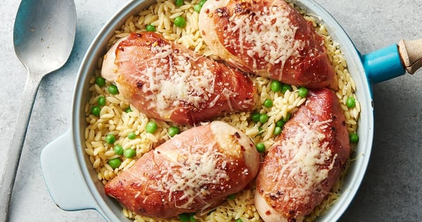 Prosciutto-Wrapped Chicken with Lemon Orzo and Peas