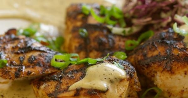 Sixteen-Spice-Rubbed Chicken Breast with Black Pepper Vinegar Sauce and Green Onion Slaw