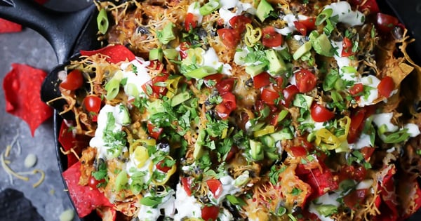Skillet Nachos with Pulled Chicken and Black Beans