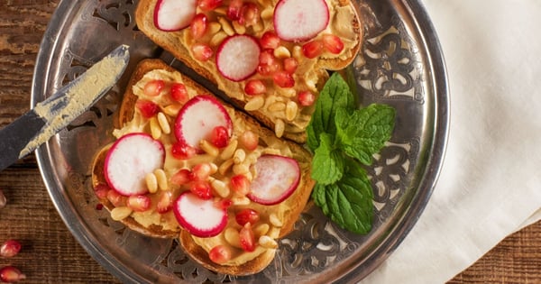 Hummus Radish and Pomegranate Toasts