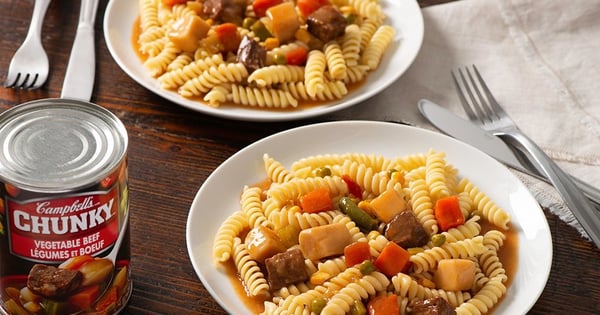 Chunky Vegetable Beef poured over Pasta