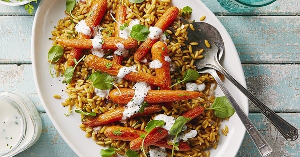 Roasted Spring Carrots over Herbed Kamut® with Horseradish Yogurt Sauce