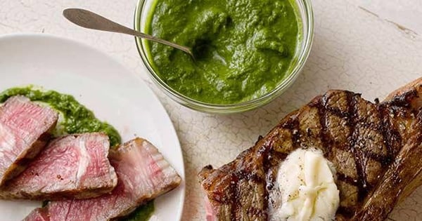 Grilled Rib Eye Steak with Romaine Marmalade and Watercress