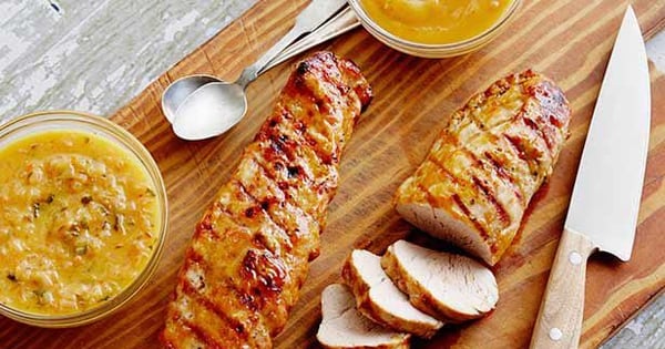Grilled Pork Tenderloin a la Rodriguez with Guava Glaze and Orange-Habanero Mojo