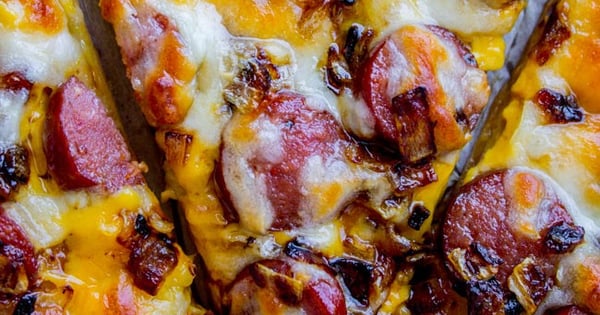 Leftover Hot Dog Pizza with Caramelized Onions