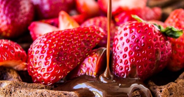 Dark Chocolate Waffles with Ganache and Strawberries