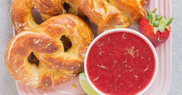 Soft Pretzels with Strawberry Margarita Sauce