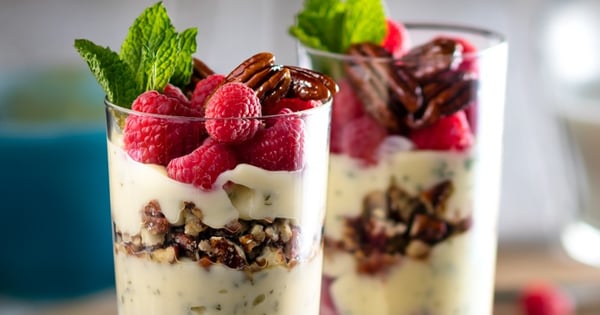 Custard Parfait with Raspberries and Honey Glazed Pecans