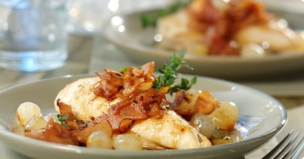 Chicken Breast and Pan-fried Ham with Pearl Onions and Cider