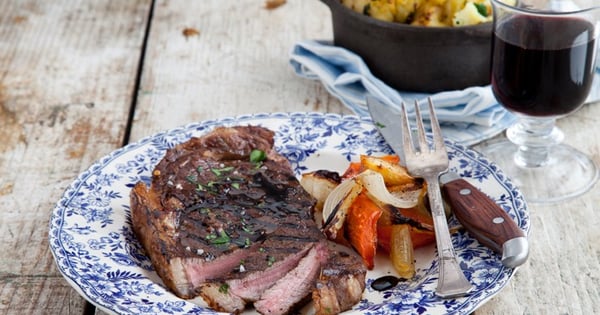 Balsamic Steak with Crushed Baby Potatoes and Root Vegetables