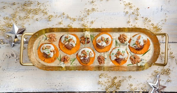 Sweet Potato Bruschetta Bites With Blue Cheese, Roasted Grapes And Rosemary Roasted