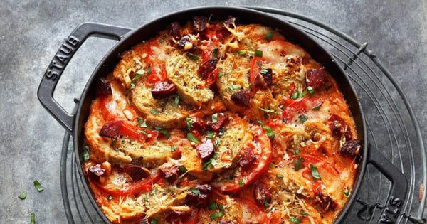 Spicy Oven-Baked Bread with Tomatoes and Chorizo Casserole