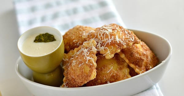Gluten-Free Fried Ravioli with Pesto Alfredo