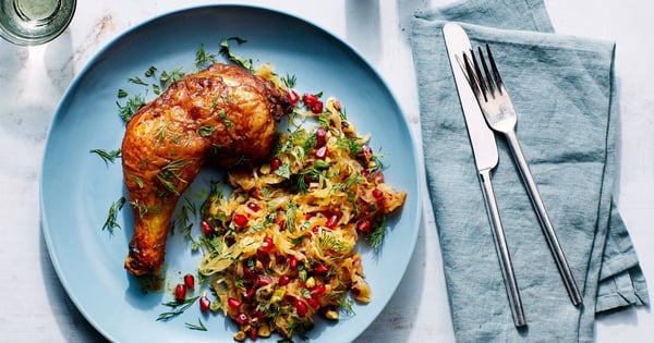 Persian-Spiced Chicken with Spaghetti Squash, Pomegranate, and Pistachios