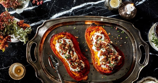 Twice-Baked Butternut Squash With Parmesan Cream and Candied Bacon