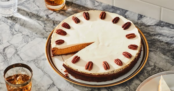 Pumpkin Cheesecake with Bourbon Sour Cream Topping