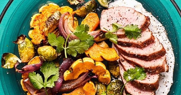 Ancho Chile Pork Tenderloin with Brussels Sprouts and Squash