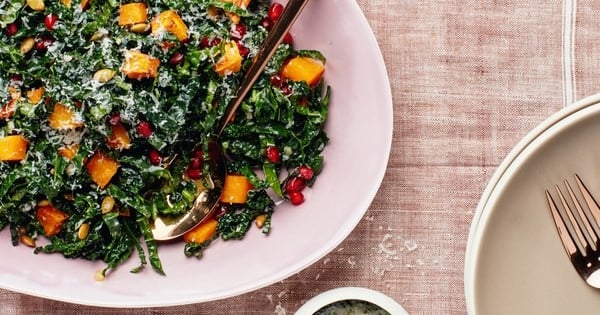 Kale Salad with Butternut Squash, Pomegranate, and Pumpkin Seeds